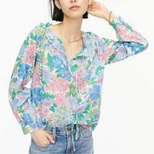 J. Crew Flowy Multicolor Floral Blouse with ruffle and tie front